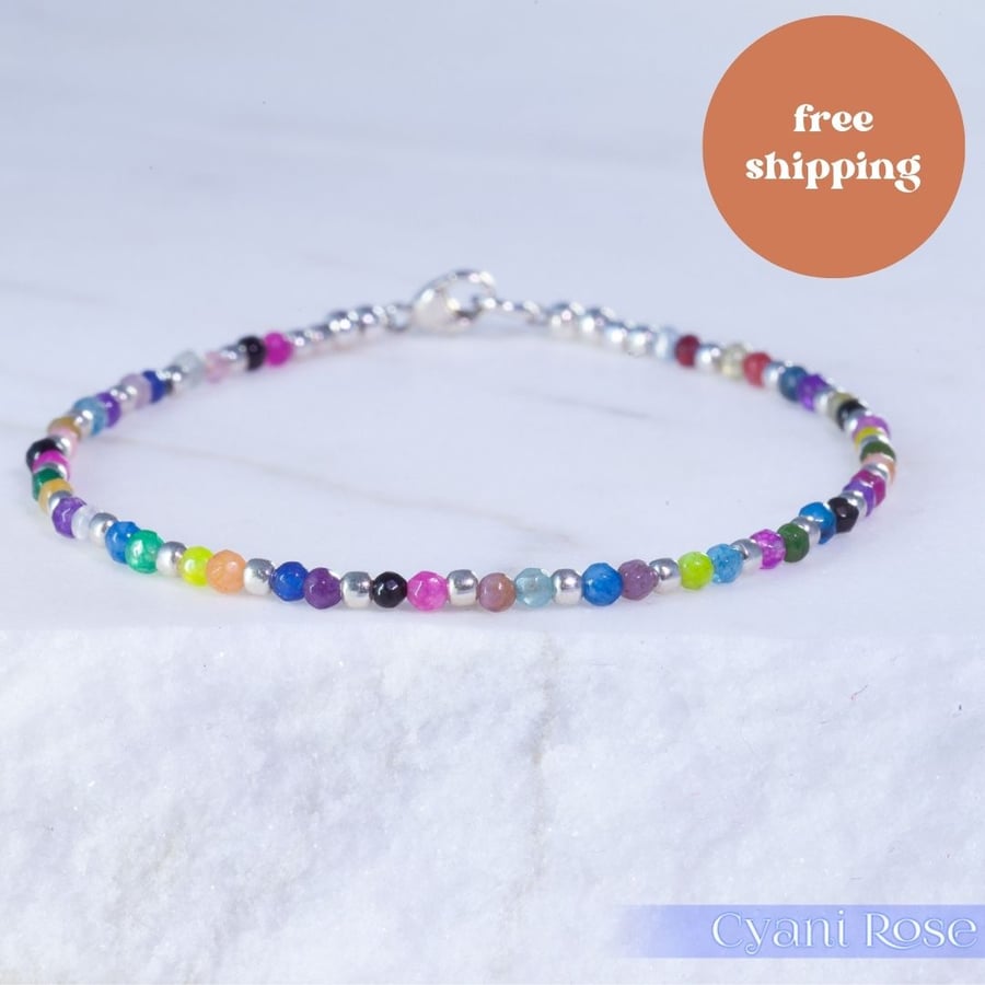 Sterling silver and Rainbow Agate handmade beaded bracelet