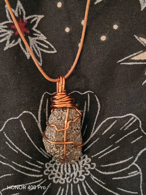 Raw pyrite freeform wire wrapped pendant - handmade copper branch necklace