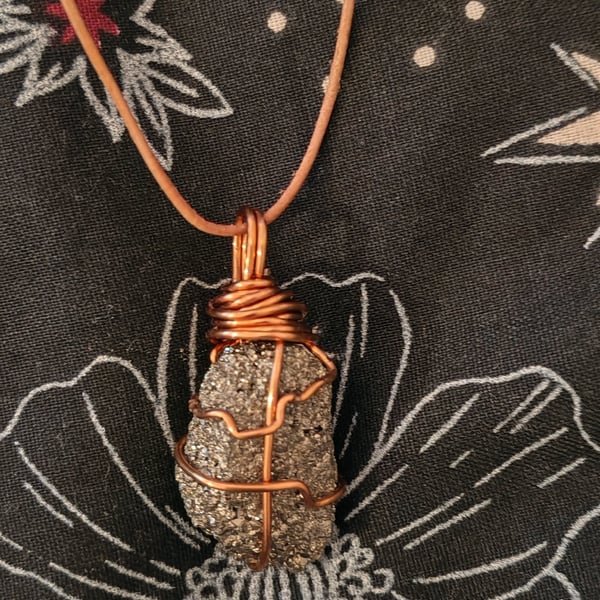 Raw pyrite freeform wire wrapped pendant - handmade copper branch necklace