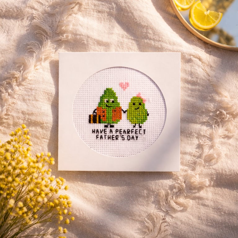 Punny Father's Day Card with Cute Pears - Unique Handmade Cross Stitch Gift 
