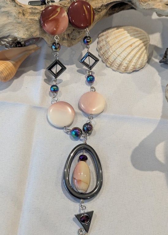 Moukite Jasper, Rhodonite, Hematite Recycled Sterling Silver Necklace