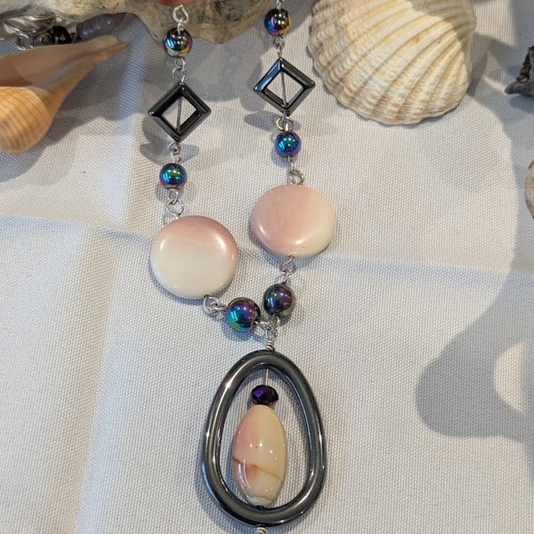 Moukite Jasper, Rhodonite, Hematite Recycled Sterling Silver Necklace