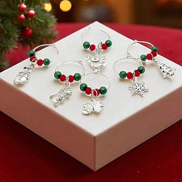 Christmas Wine Glass Charms, Set of 6, Christmas, Table Decor ,