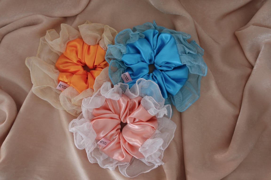 Chiffon Lace Frill Statement Scrunchies, Chic Romantic Scrunchies, Messy Bun