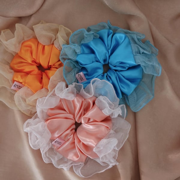 Chiffon Lace Frill Statement Scrunchies, Chic Romantic Scrunchies, Messy Bun
