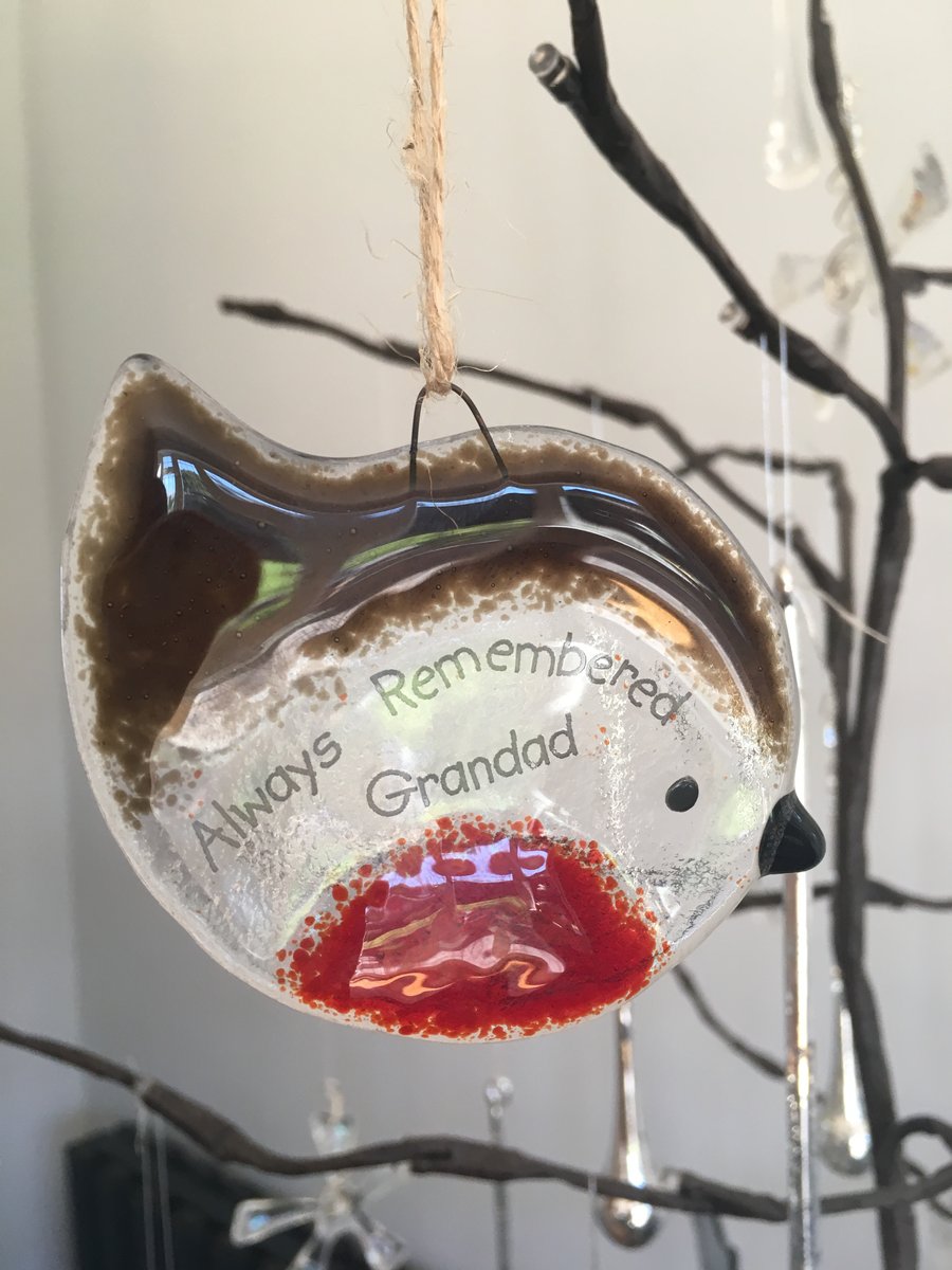 Handmade Fused Glass "Always Remembered Grandad" Robin Christmas Decoration