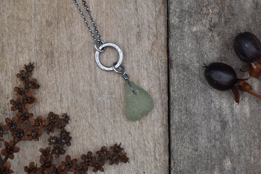 Old Sea Glass and Recycled Sterling Silver Necklace, Light Green Scottish Glass