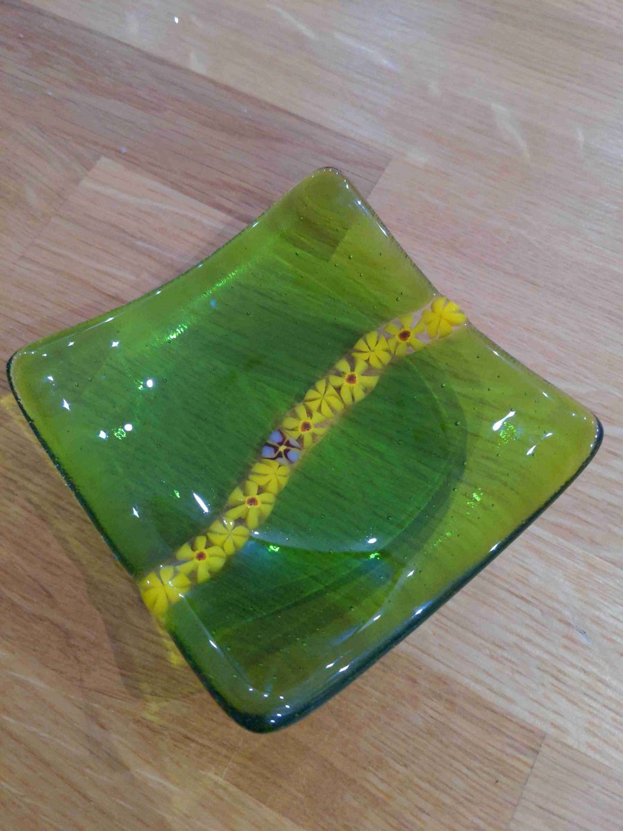 Fused glass dish 10cm Transparent green & yellow flowers