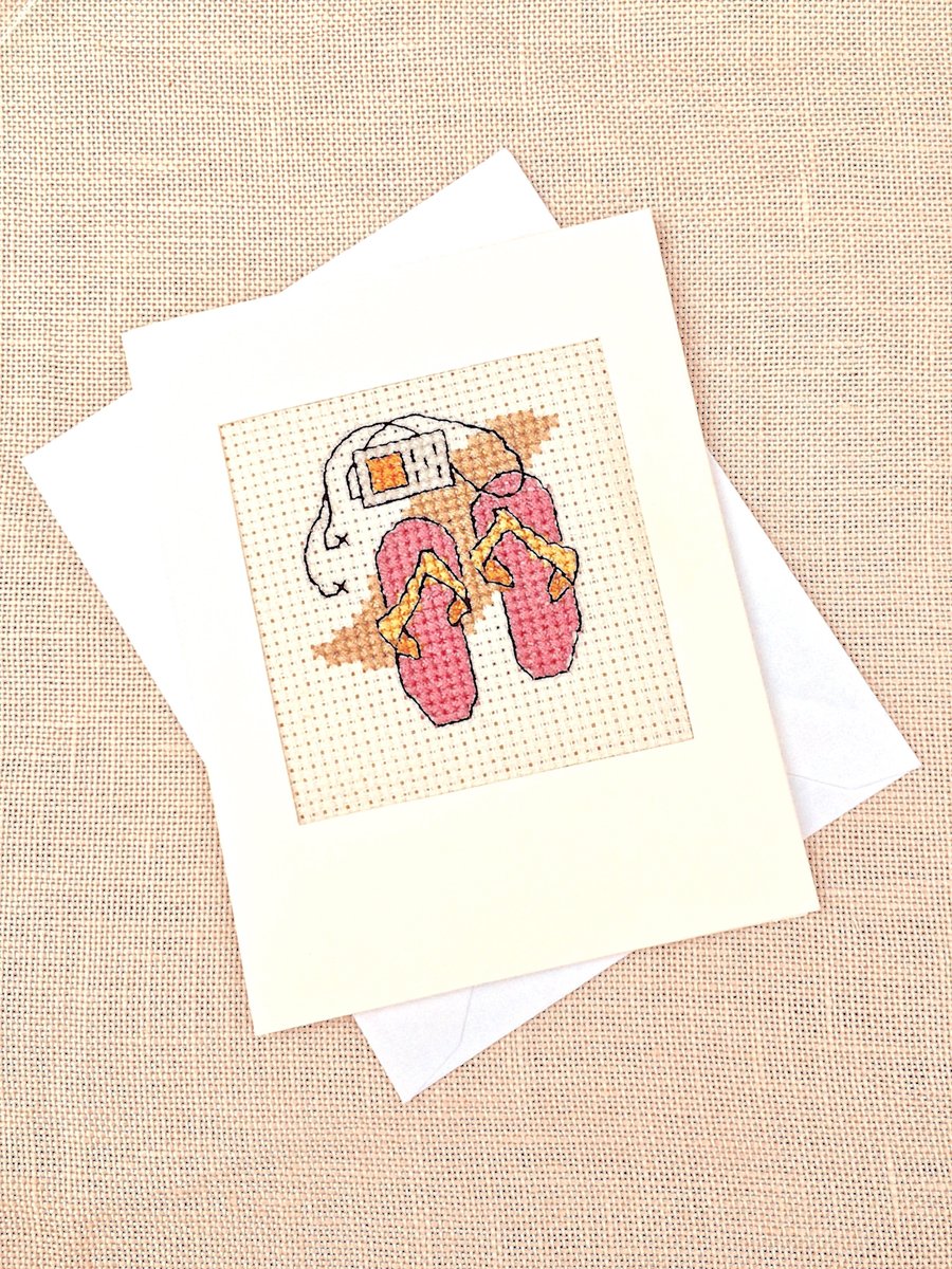 Sale...Flip Flop's on Beach. UK Holiday. Teenager Birthday Cross Stitch Card