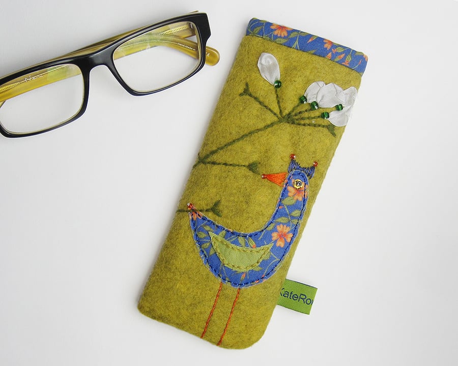 Mustard glasses case with bird and flower embroidery