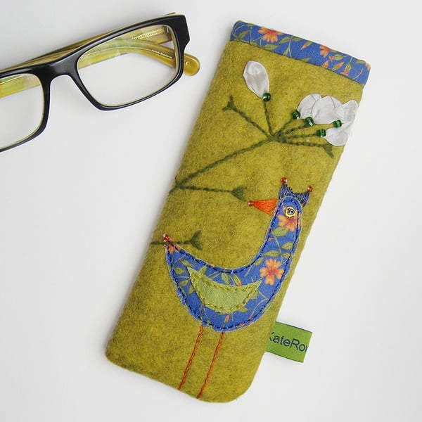Mustard glasses case with bird and flower embroidery