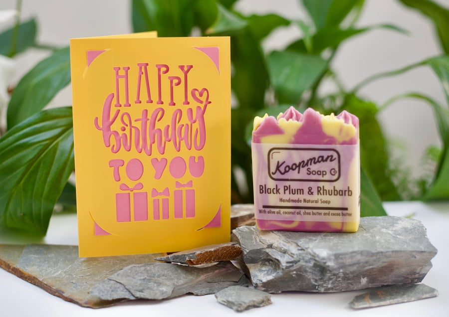 Black Plum and Rhubarb Handmade Soap with Birthday Card
