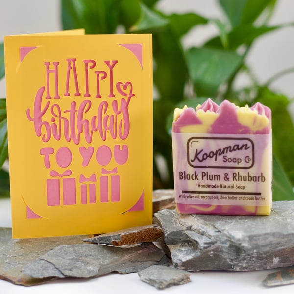 Black Plum and Rhubarb Handmade Soap with Birthday Card