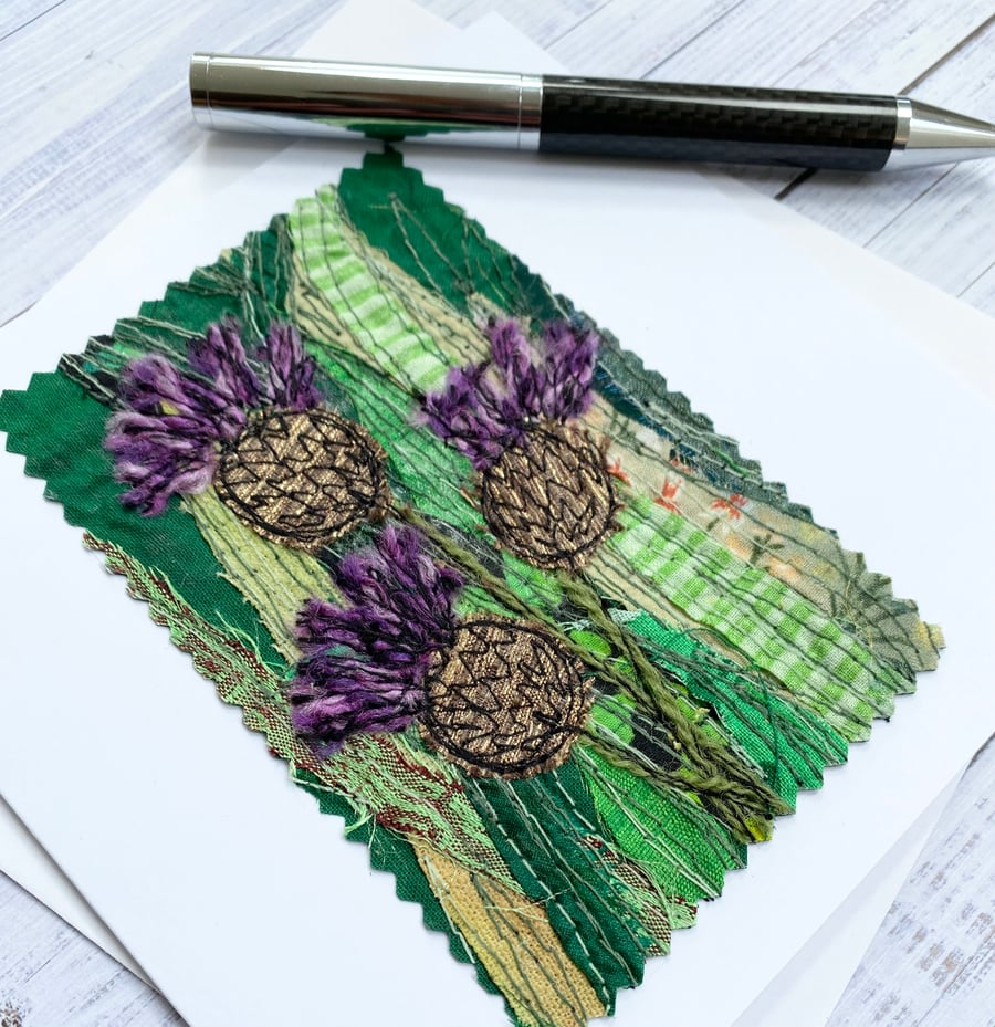 Up-cycled fabric thistle garden embroidered art card. 