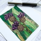 Up-cycled fabric thistle garden embroidered art card. 
