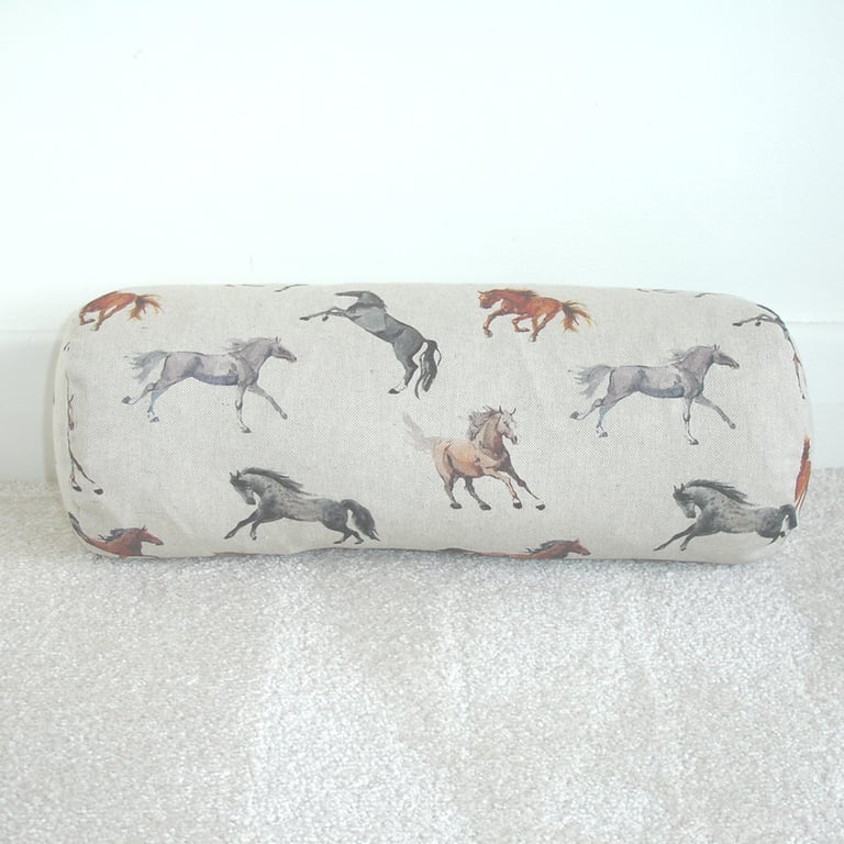 Horses Bolster Cushion COVER 16" Cylinder Brown Grey Horse Equestrian