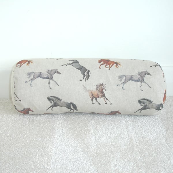 Horses Bolster Cushion COVER 16" Cylinder Brown Grey Horse Equestrian