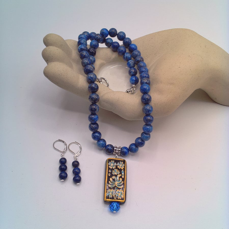 Black Glass Rectangle with Floral Pattern on a Lapis Lazuli Necklace & Earrings 