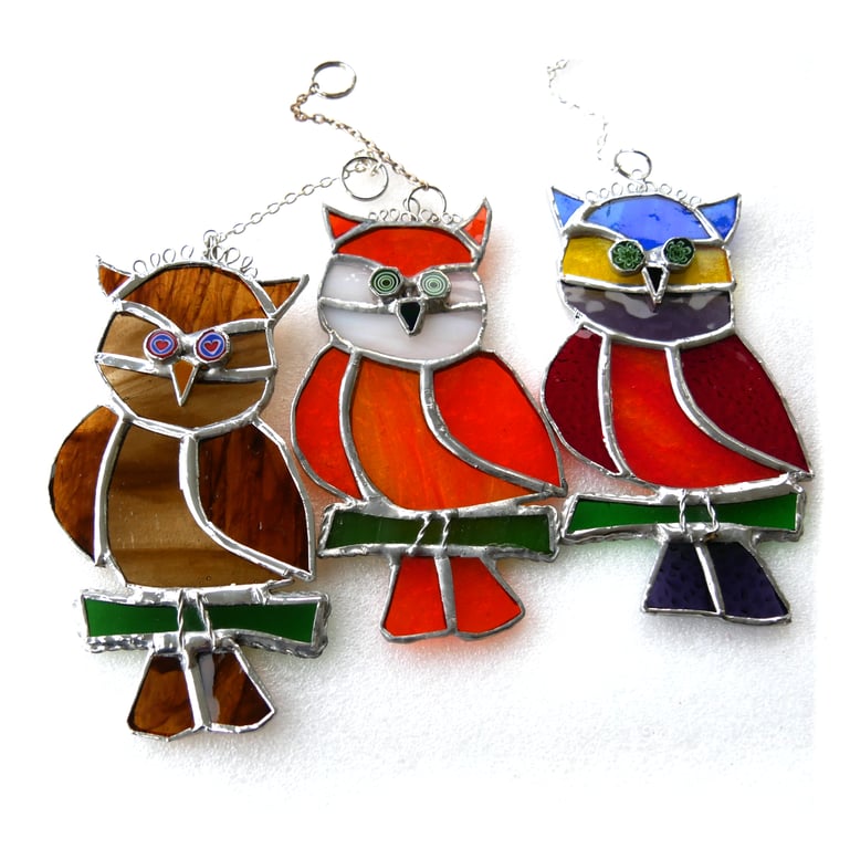 Cute Owl Stained Glass Suncatcher Handmade Bird Ginger Brown or Rainbow