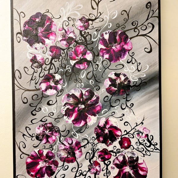 Original Acrylic Painting-Abstract Art–Ready to Hang-Dreamy Purple Flowers 