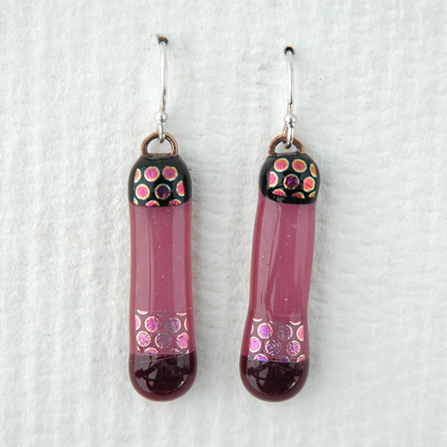 Fused Glass Pink Dichroic Drop Earring