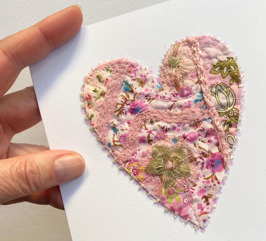 Up-cycled handmade fabric embroidered heart card. 