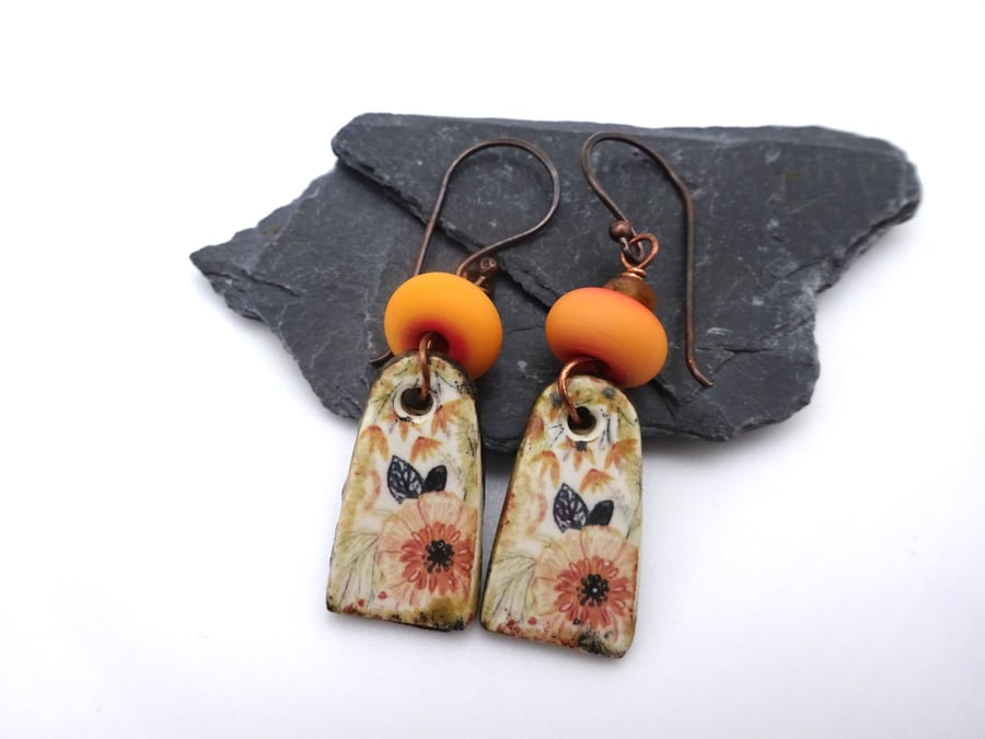 orange lampwork glass and ceramic earrings