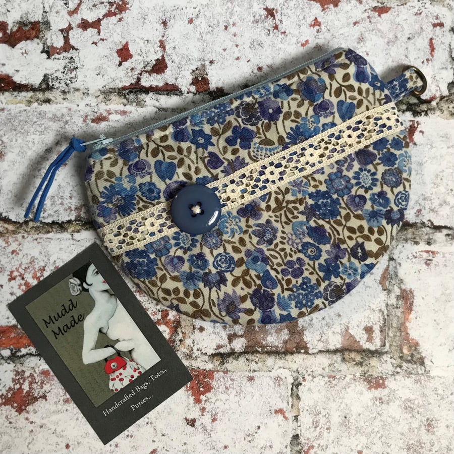 Blue Liberty Fabric Floral Purse With Button and  Lace Trim 