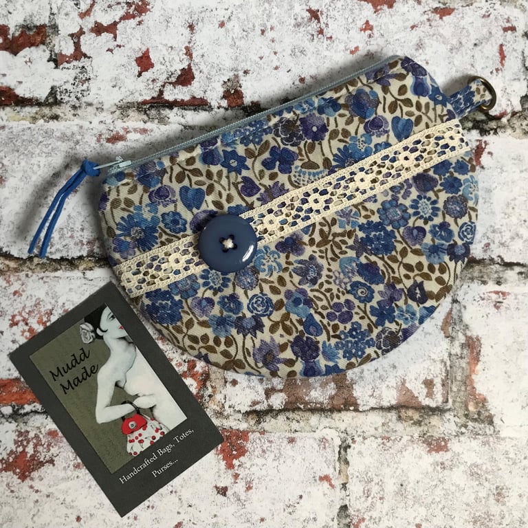 Purse Blue Floral Liberty Fabric With Button and  Lace Trim 