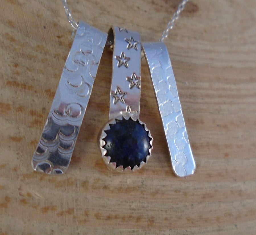 Sterling Silver Sodalite Textured Strips Necklace