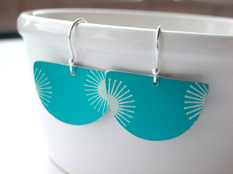 Seconds Sunday Fan earrings with sunburst in teal and silver