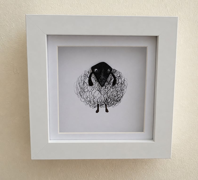 Black Sheep Sea Glass & Vintage China Wall Art - Handmade 10 x 10 cm Shadow Box 