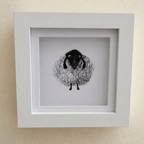 Black Sheep Sea Glass & Vintage China Wall Art - Handmade 10 x 10 cm Shadow Box 