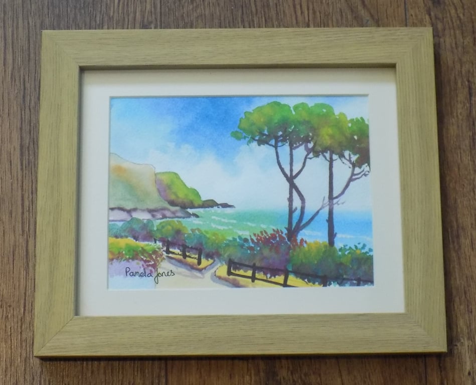 Caswell Bay, Gower, South Wales - Original Watercolour in 10 x 8'' Oak Frame