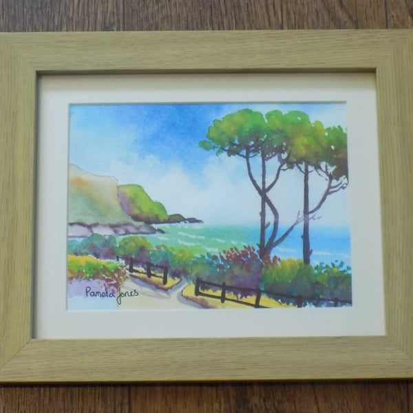 Caswell Bay, Gower, South Wales - Original Watercolour in 10 x 8'' Oak Frame