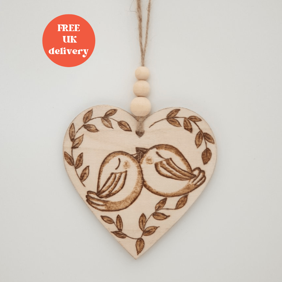 Love birds wooden hanging heart decoration, love heart, Valentines gift