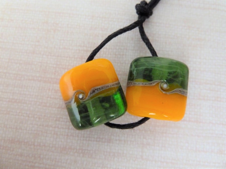 green and yellow lampwork glass bead pair