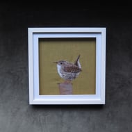 Wren on olive linen - framed original artwork, free motion embroidery, fabric