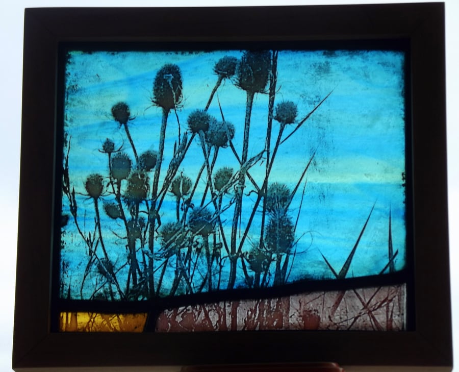 Sunset, Teasels and Sea, Stained Glass Framed Panel with Photographic Print