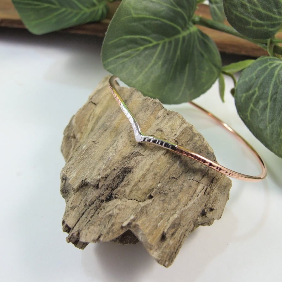 Copper Chevron Bangle, Silver Dipped Textured V Bracelet