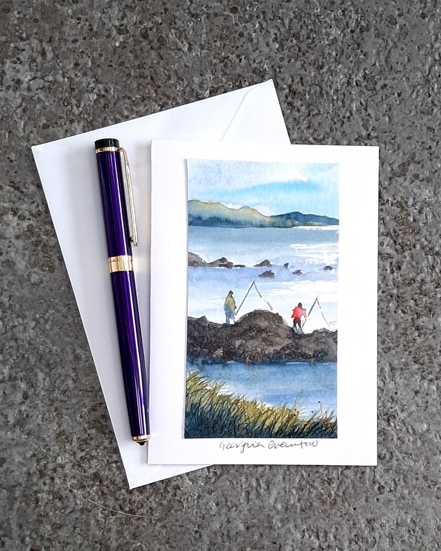 Handpainted Blank Card. Watercolour of People Fishing