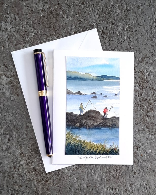 Handpainted Blank Card. Watercolour of People Fishing