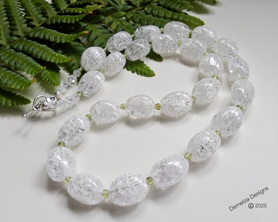 Designer White Pebble Crackle Quartz & Peridot Necklace 
