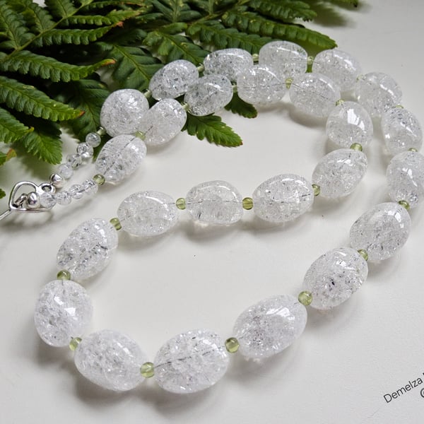 Designer White Pebble Crackle Quartz & Peridot Necklace 