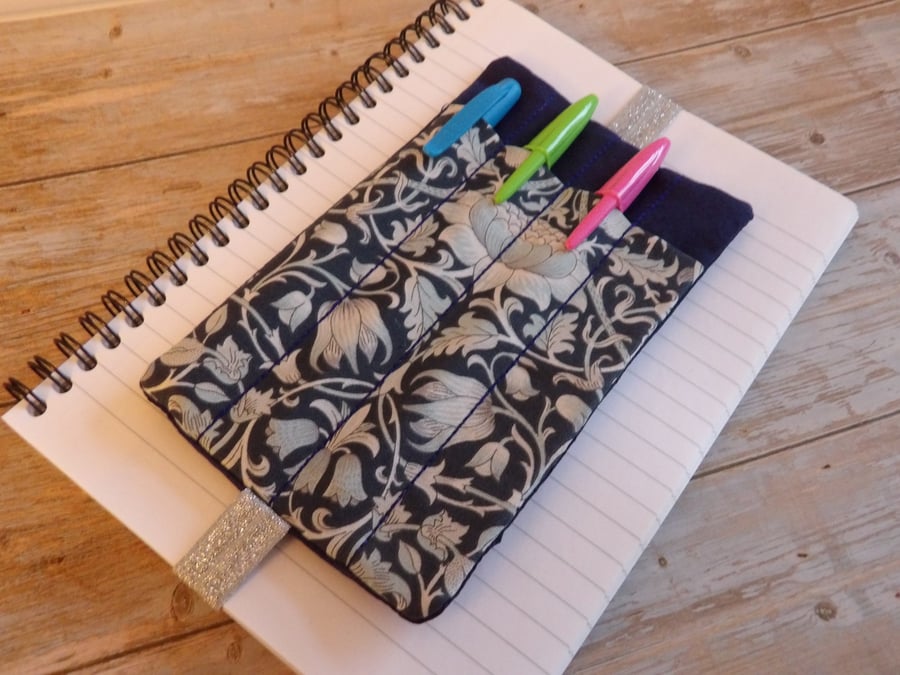 William Morris blue fabric pen holder bookmark elasticated A5 notebook size