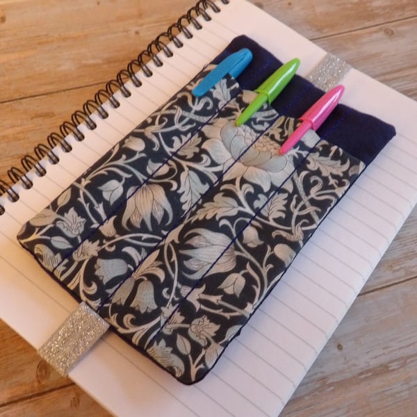 William Morris blue fabric pen holder bookmark elasticated A5 notebook size