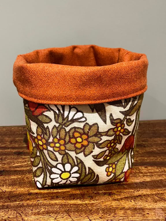 Vintage Flower Waltz linen reversible storage basket plant pot craft storage