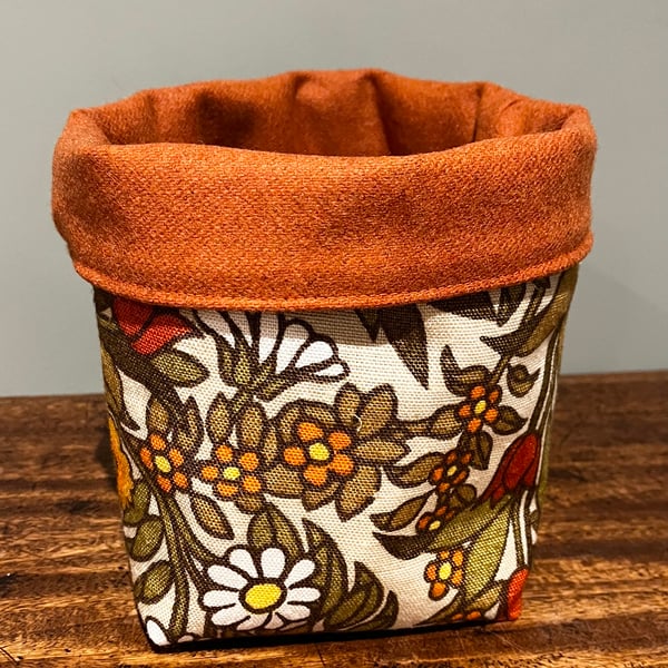 Vintage Flower Waltz linen reversible storage basket plant pot craft storage