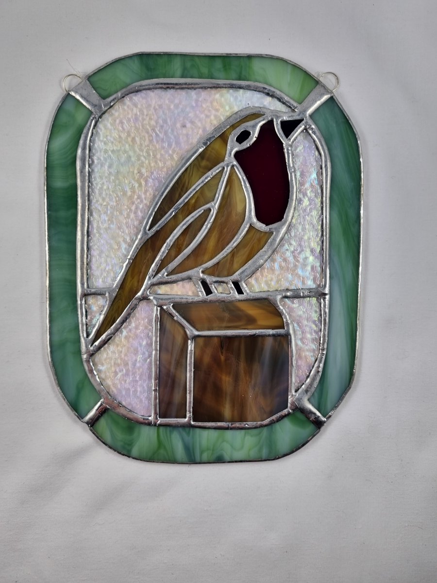 528 - Stained glass large robin - handmade hanging decoration.