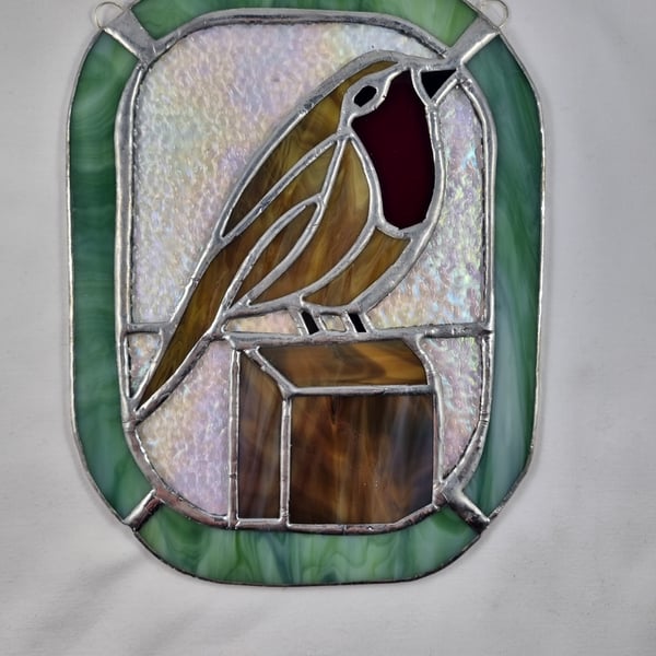 528 - Stained glass large robin - handmade hanging decoration.